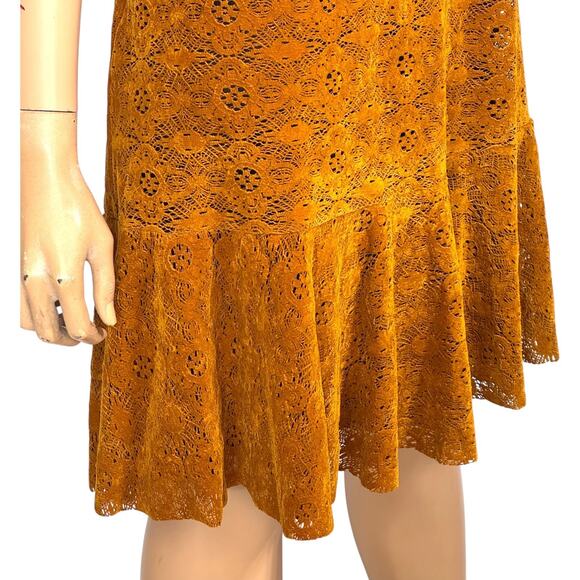 Boho Velvet Lace Dress Anthropologie Maeve Amis 12 Copper Drop Waist Flounced - Picture 5 of 15